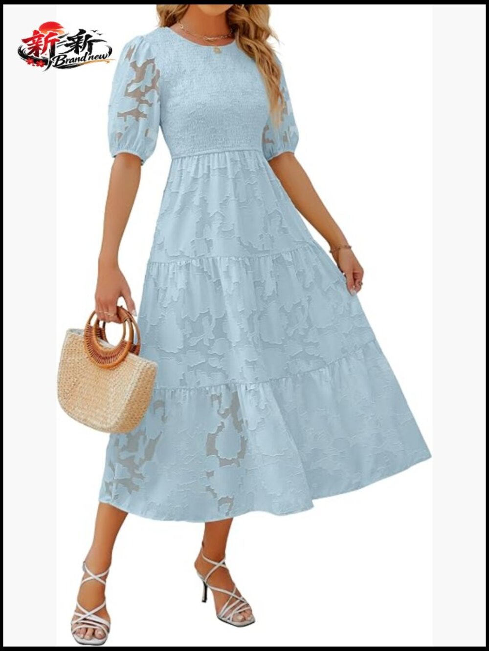 Floral Lace Smocked Maxi Dress with Puff Sleeves Summer Midi Dress